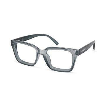 Doorzichtige leesbril met grijs getint vierkant montuur schuin vooraanzicht