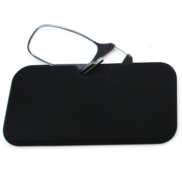 Vooraanzicht van zwarte leesbril van Mijnleesbril.nl met zwart leesbriletui erbij.