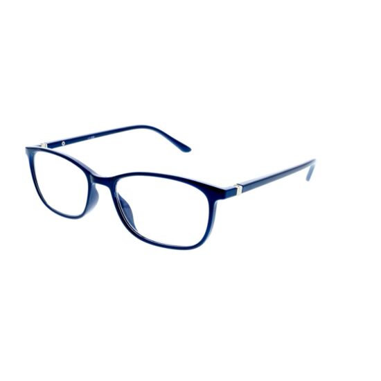 Een blauwe leesbril met schuin aanzicht.