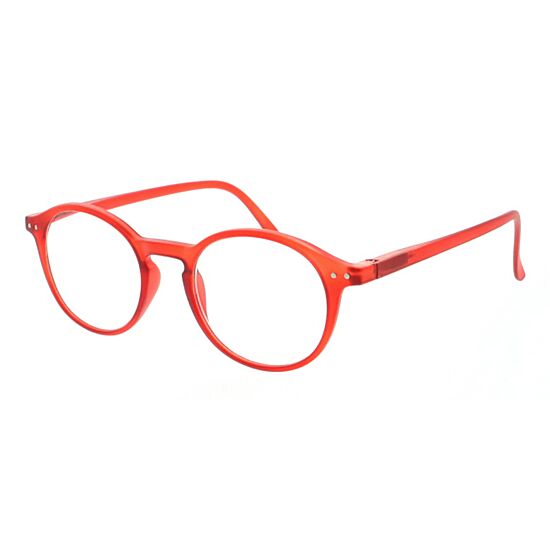 Rode leesbril met schuin aanzicht.