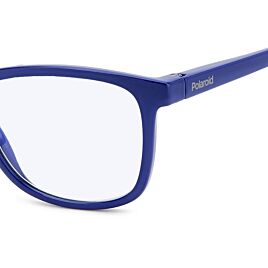 Vooraanzicht van blauwe leesbril met Polaroid PLD0033 en blauw licht filter van mijnleesbril.nl.