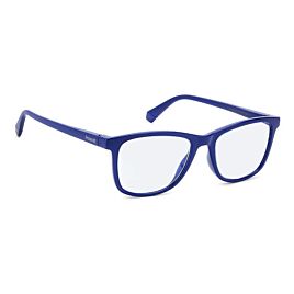 Zij aanzicht van blauwe leesbril met Polaroid PLD0033 en blauw licht filter.