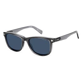 Een blauw-grijze Polaroid zonneleesbril met clip, schuin aanzicht.