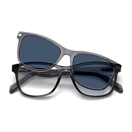 Een blauw-grijze Polaroid zonneleesbril met clip voor schuin aanzicht.