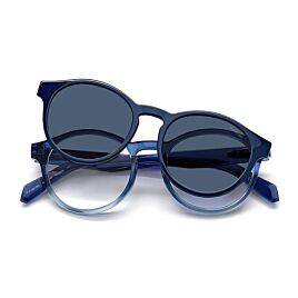 Polaroid zonneleesbril met clip, blauw, schuin aanzicht.