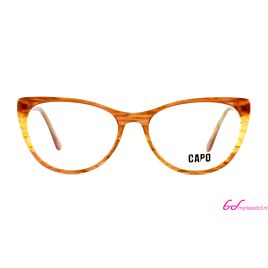 Vooraanzicht van bruine leesbril met amberkleurige glazen.