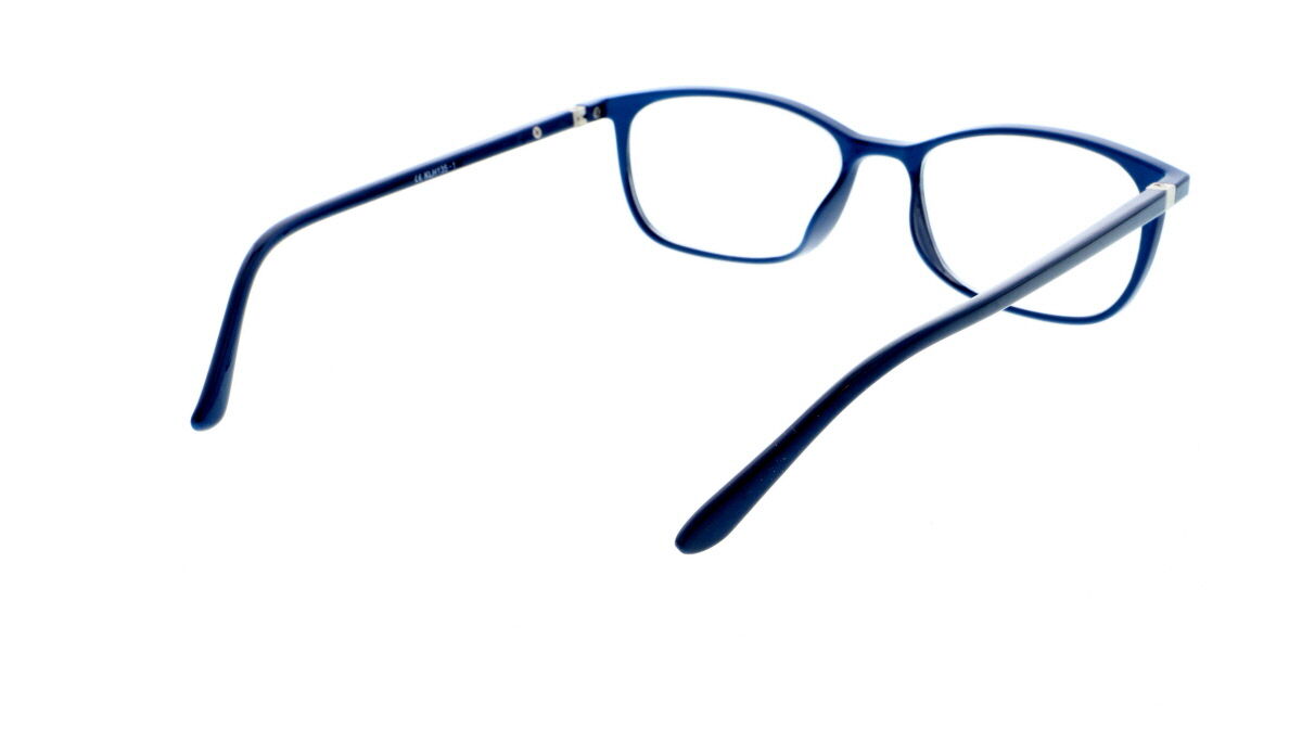 Een blauwe leesbril van KLH, met een achteraanzicht..