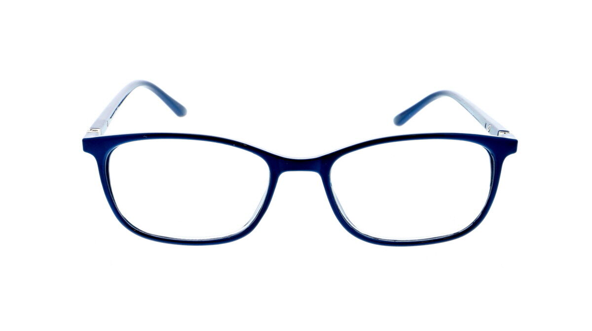 Een blauwe leesbril van KLH, vooraanzicht.