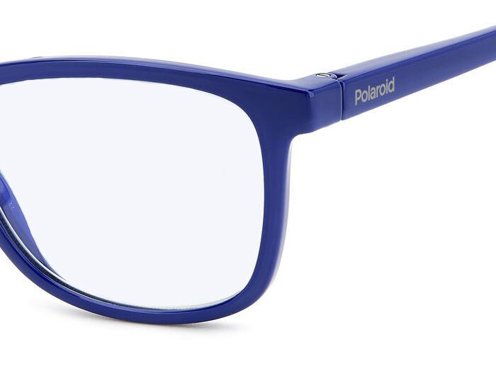 Vooraanzicht van blauwe leesbril met Polaroid PLD0033 en blauw licht filter van mijnleesbril.nl.