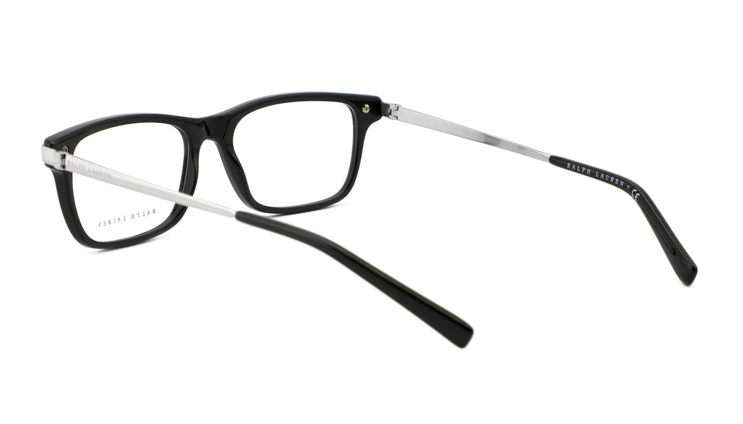 Zijaanzicht van een zilveren en zwarte leesbril van Ralph Lauren (model 0RL6215)