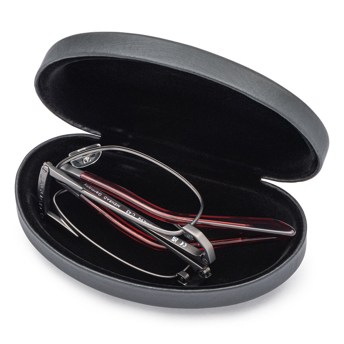 Rode Jaguar opvouwbare leesbril, opgevouwen in open doosje
