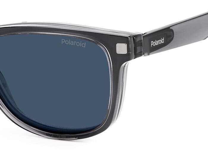 Een blauw-grijze Polaroid zonneleesbril met clip detail aanzicht.
