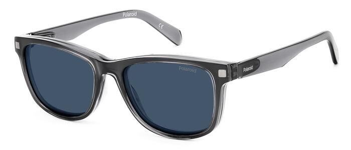 Een blauw-grijze Polaroid zonneleesbril met clip, schuin aanzicht.