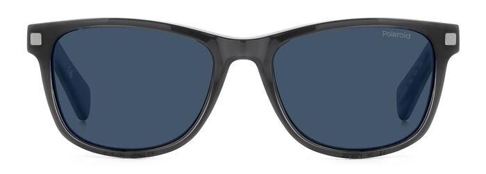 Een blauw-grijze Polaroid zonneleesbril met clip, vooraanzicht.