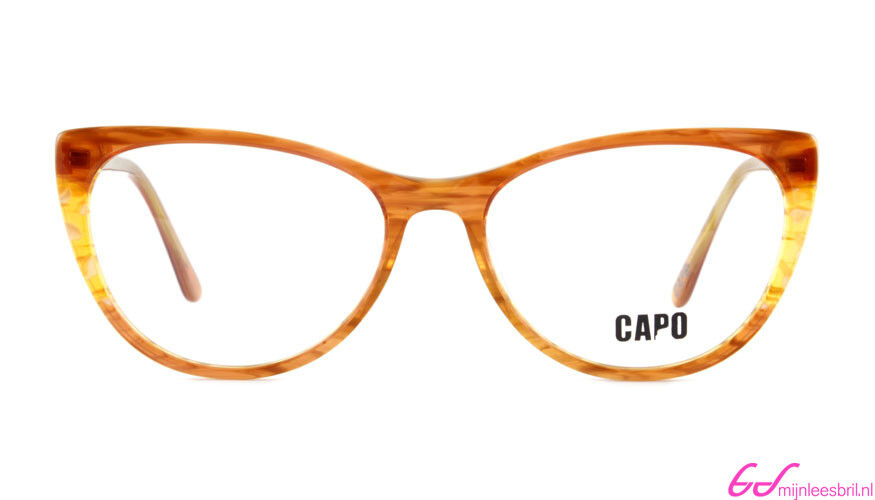 Vooraanzicht van bruine leesbril met amberkleurige glazen.