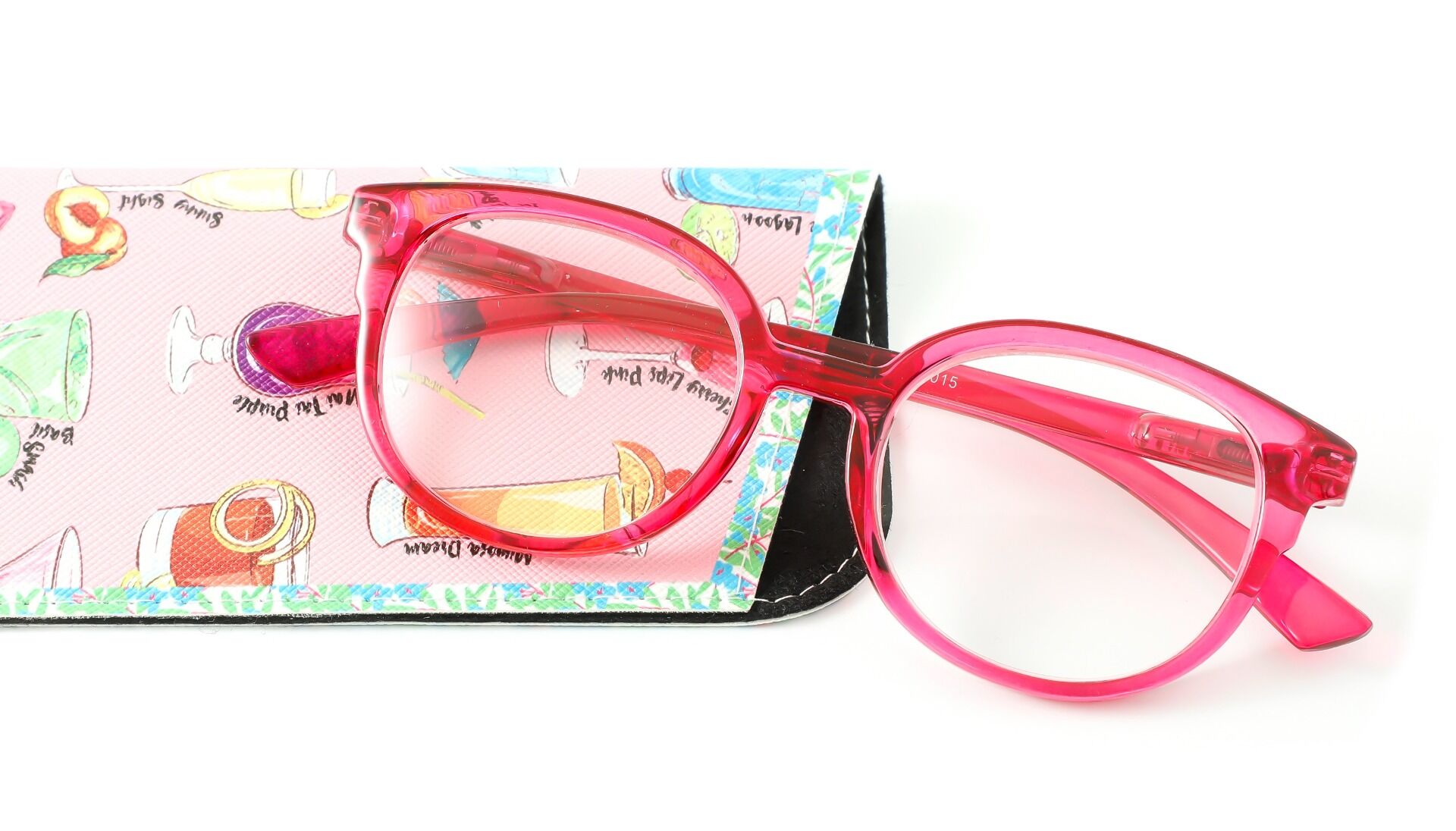 Een roze leesbril voor een briletui
